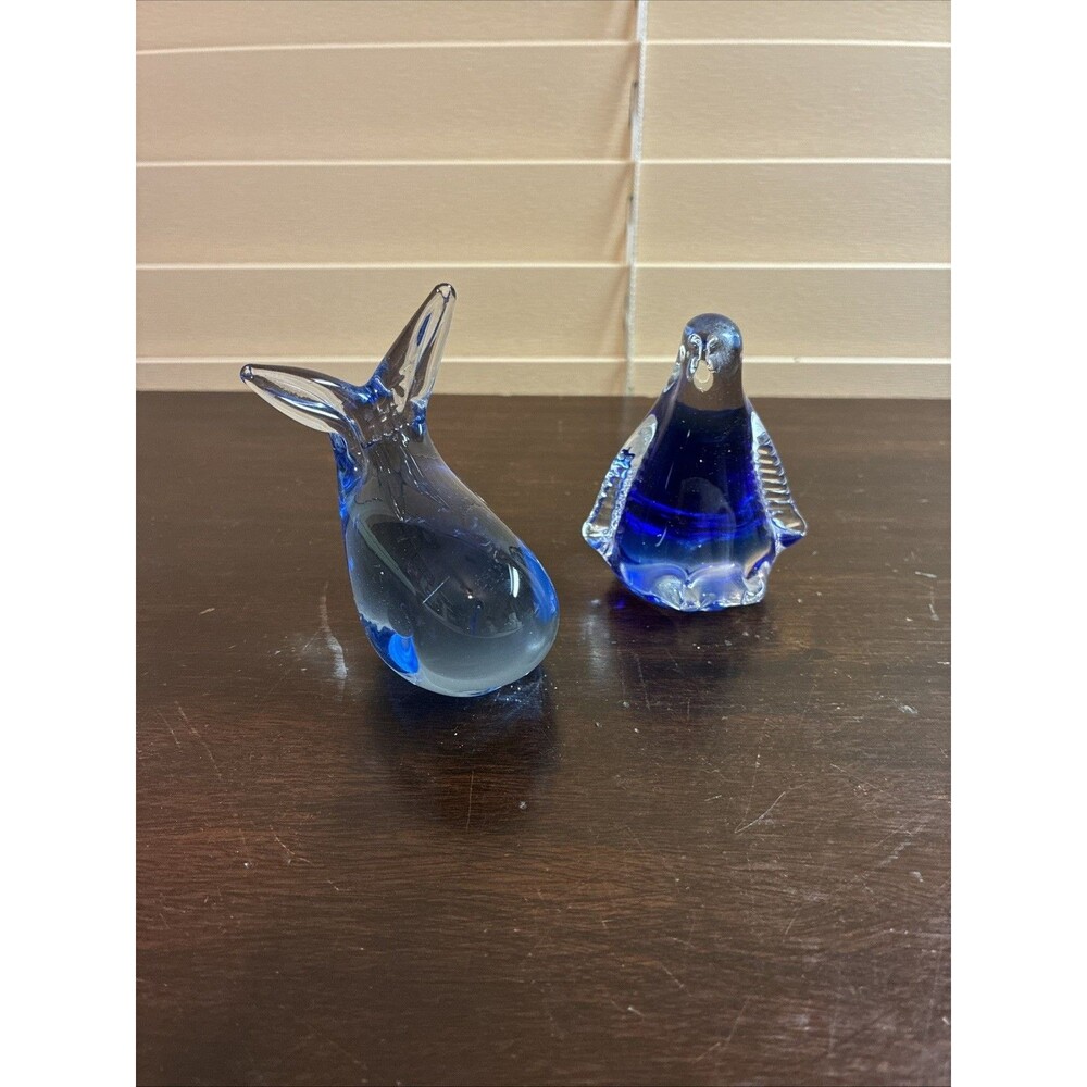 Art Glass Whale Seal Figurine Set Blue Nautical Coastal Animal Decor Small